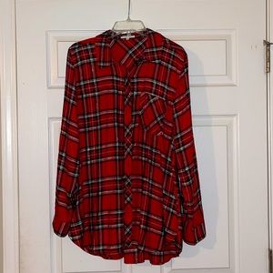 Maurice’s red plaid with metallic gold thread button up, size large